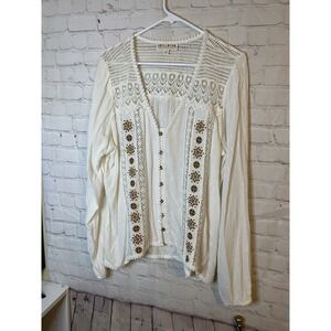 Women's white button down blouse with floral lace Embroidered size Large